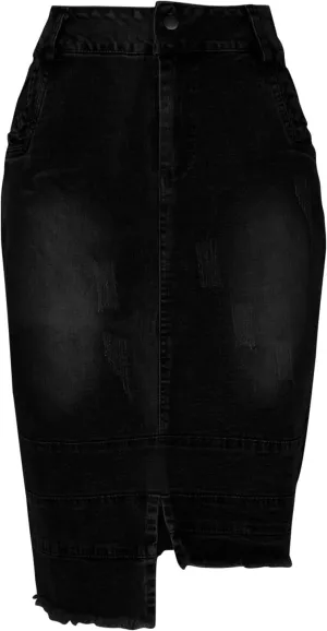 Women's Bodycon Jean Skirt Front Split Frayed Washed Midi Denim Pencil Skirt Destroyed Distressed Denim Skirts