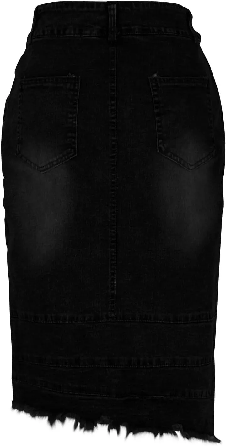 Women's Bodycon Jean Skirt Front Split Frayed Washed Midi Denim Pencil Skirt Destroyed Distressed Denim Skirts