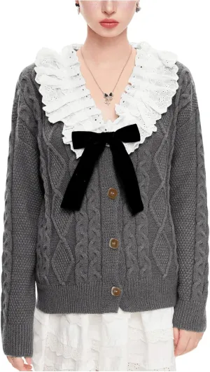 Women's Bow Knot Button Front Cardigan Sweater Long Sleeve V Neck Ruffled Lace Trim Collar Knitted Outerwear