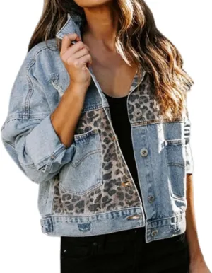 Womens Button down Distressed Leopard Denim Jean Jacket, Washed Long Sleeve Boyfriend Outerwear Ripped Cheetah Jean Coat
