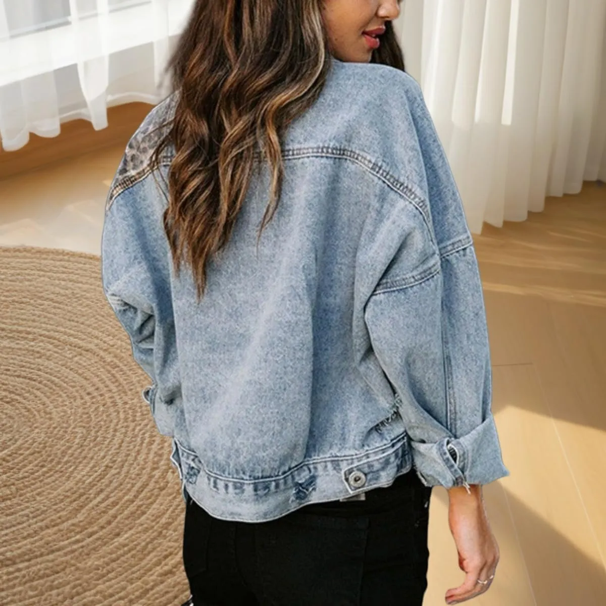 Womens Button down Distressed Leopard Denim Jean Jacket, Washed Long Sleeve Boyfriend Outerwear Ripped Cheetah Jean Coat