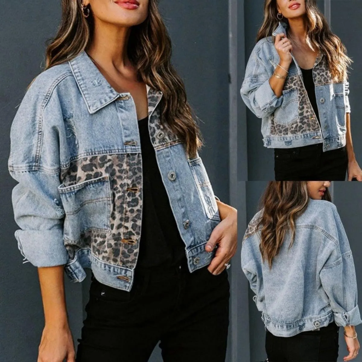 Womens Button down Distressed Leopard Denim Jean Jacket, Washed Long Sleeve Boyfriend Outerwear Ripped Cheetah Jean Coat