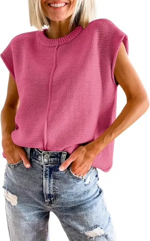 Womens Cap Sleeve Sweater Vest Crew Neck Knit Sleeveless Tank Tops Casual Lightweight Pullover Sweaters