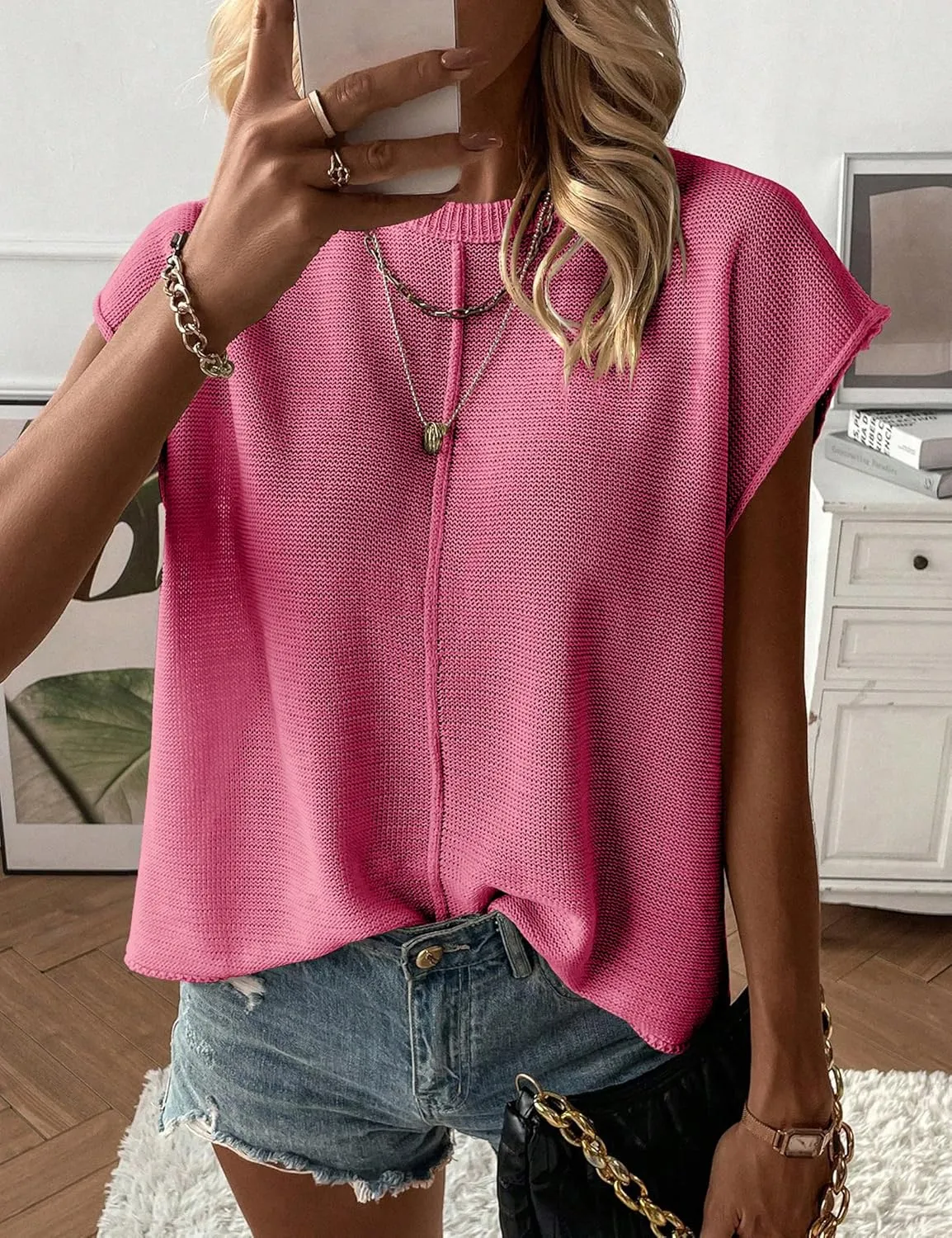 Womens Cap Sleeve Sweater Vest Crew Neck Knit Sleeveless Tank Tops Casual Lightweight Pullover Sweaters