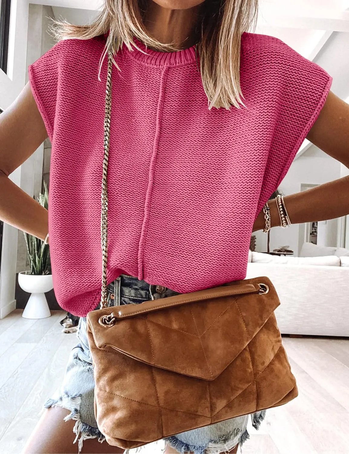 Womens Cap Sleeve Sweater Vest Crew Neck Knit Sleeveless Tank Tops Casual Lightweight Pullover Sweaters