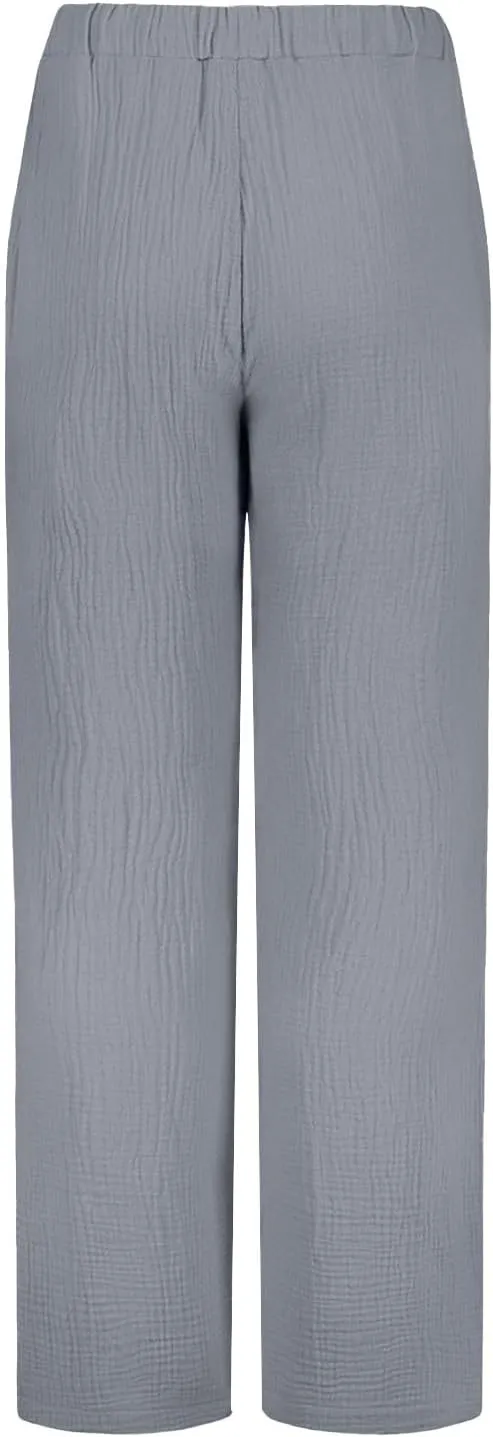 Womens Casual Pants Drawstring Soft Waist Pleated Linen Blend Pants Comfy Wide Leg Straight Pajama Trousers with Pockets