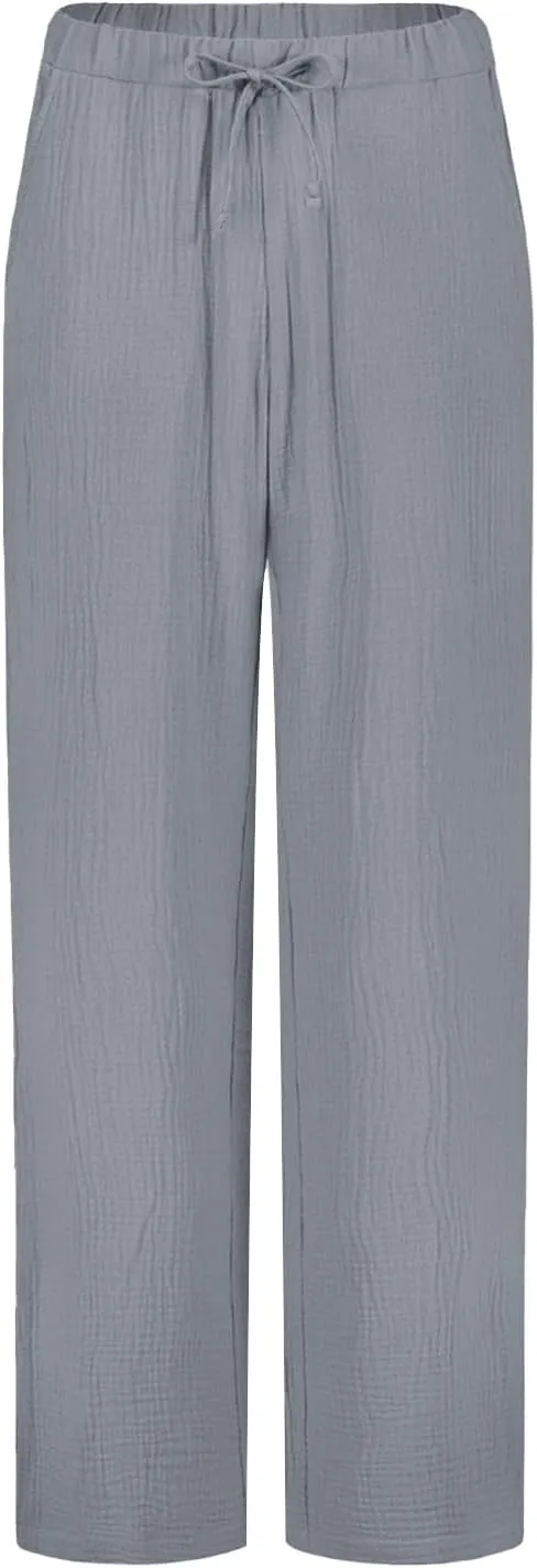 Womens Casual Pants Drawstring Soft Waist Pleated Linen Blend Pants Comfy Wide Leg Straight Pajama Trousers with Pockets