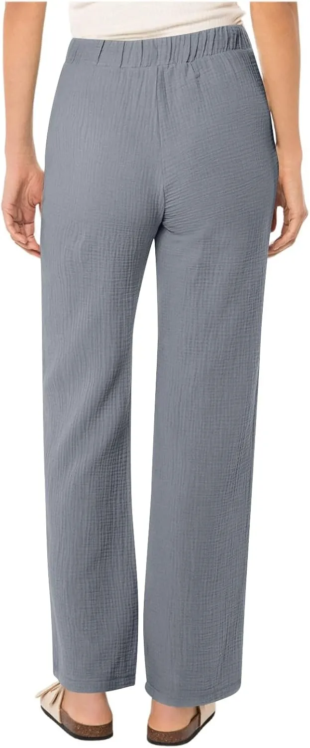 Womens Casual Pants Drawstring Soft Waist Pleated Linen Blend Pants Comfy Wide Leg Straight Pajama Trousers with Pockets