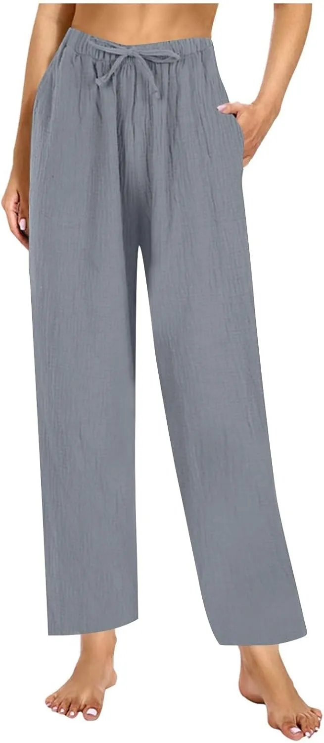 Womens Casual Pants Drawstring Soft Waist Pleated Linen Blend Pants Comfy Wide Leg Straight Pajama Trousers with Pockets