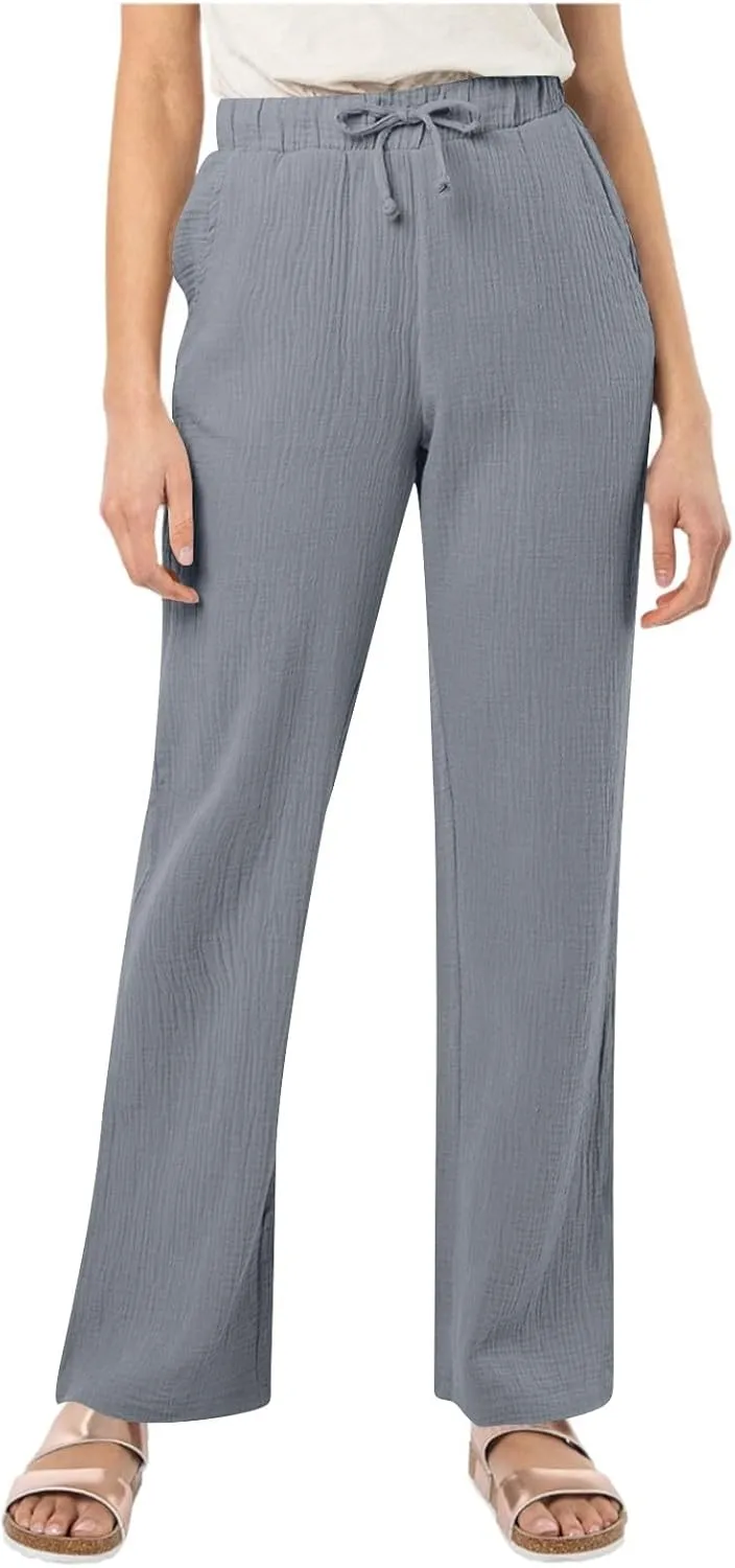 Womens Casual Pants Drawstring Soft Waist Pleated Linen Blend Pants Comfy Wide Leg Straight Pajama Trousers with Pockets