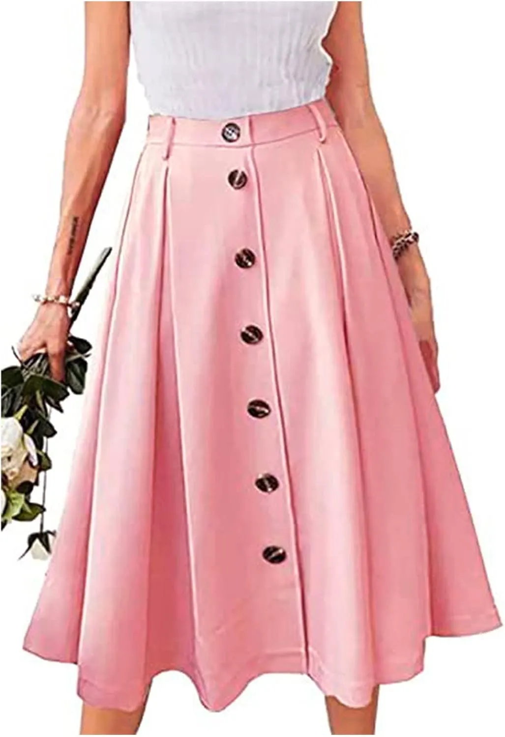 Womens Casual Pleated Midi Skirt High Elastic Waisted Flowy Long Skirts Fall Winter Button Down Solid Color Midi Skirt