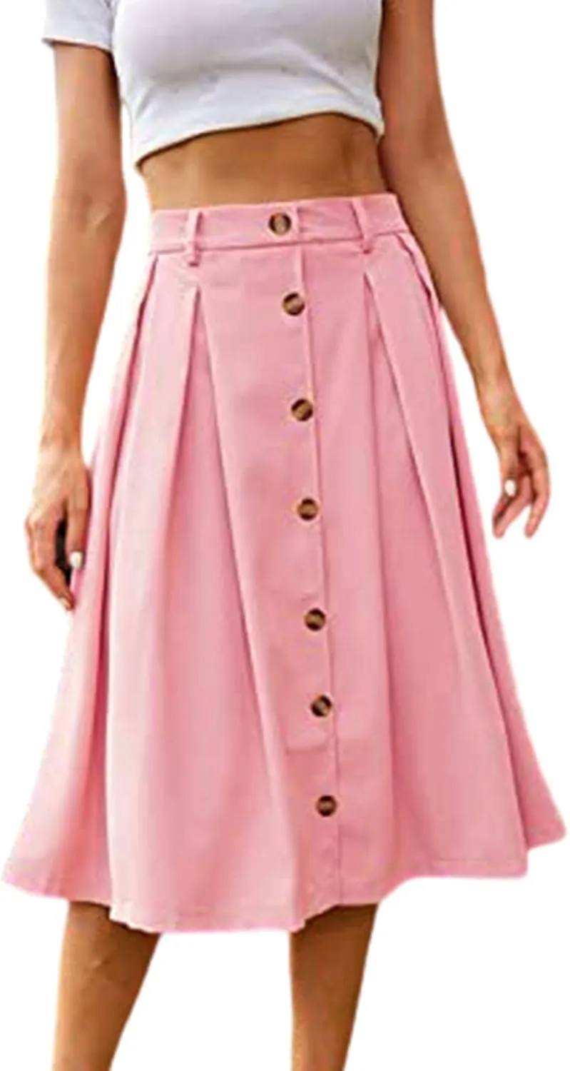 Womens Casual Pleated Midi Skirt High Elastic Waisted Flowy Long Skirts Fall Winter Button Down Solid Color Midi Skirt