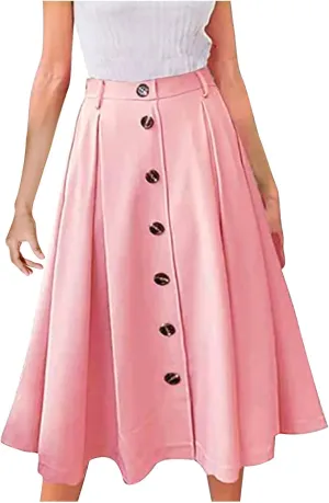Womens Casual Pleated Midi Skirt High Elastic Waisted Flowy Long Skirts Fall Winter Button Down Solid Color Midi Skirt