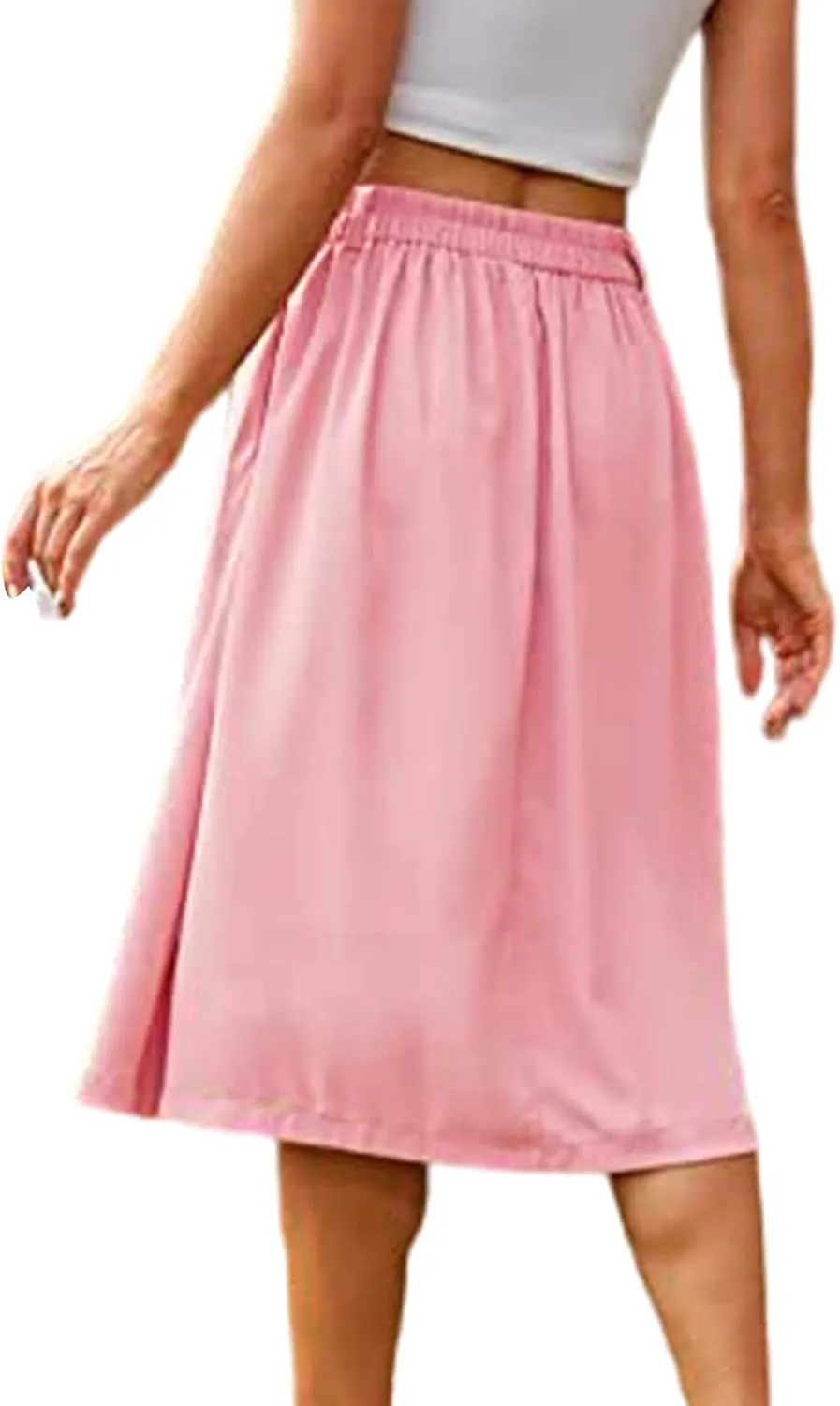 Womens Casual Pleated Midi Skirt High Elastic Waisted Flowy Long Skirts Fall Winter Button Down Solid Color Midi Skirt