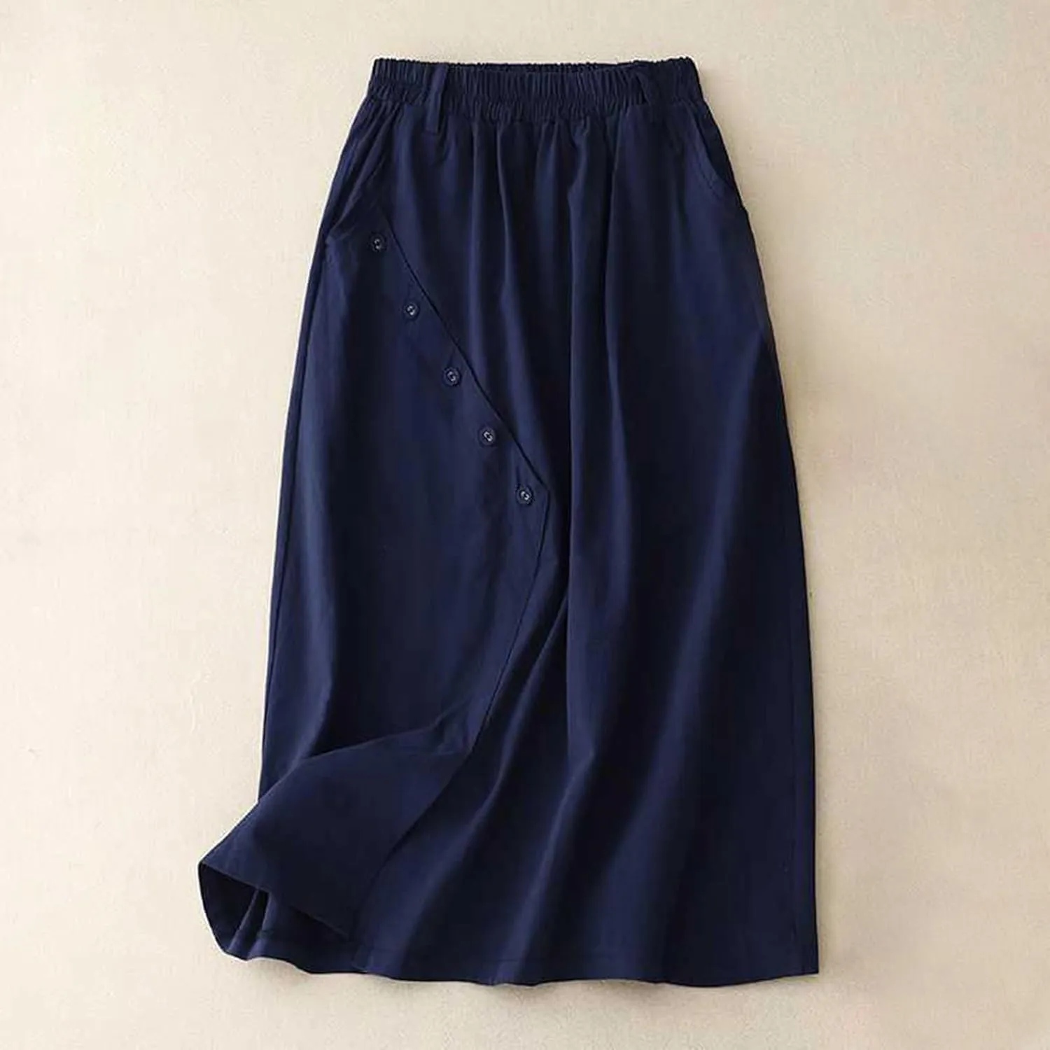 Women's Casual Skirts Elastic Waist Front Button Back Slit A-Line Midi Long Swing Skirt with Pockets Womens Skirts