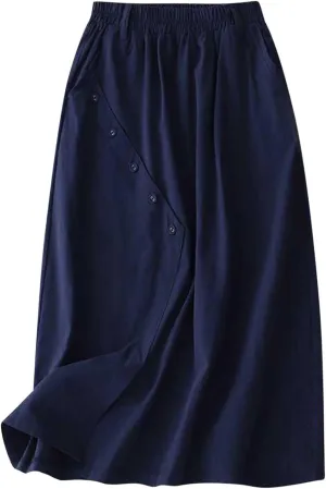 Women's Casual Skirts Elastic Waist Front Button Back Slit A-Line Midi Long Swing Skirt with Pockets Womens Skirts