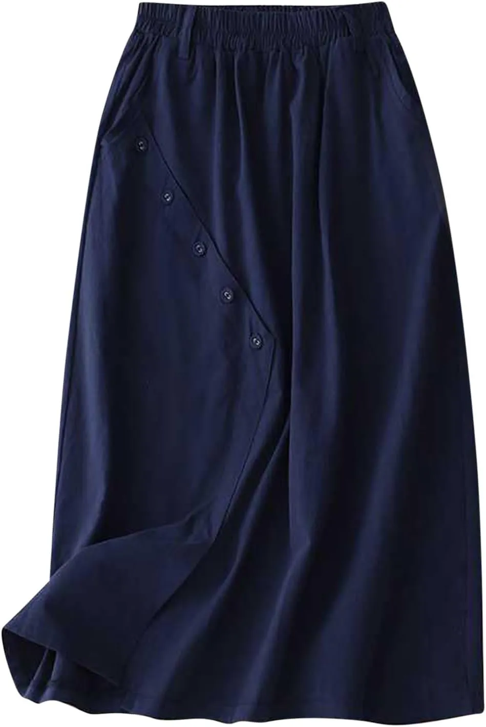 Women's Casual Skirts Elastic Waist Front Button Back Slit A-Line Midi Long Swing Skirt with Pockets Womens Skirts