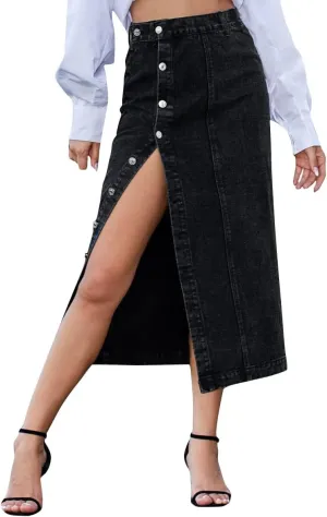 Womens Casual Slit Denim Midi Skirt 2024 Summer High Waisted Button Up Denim Jean Skirts XS-L