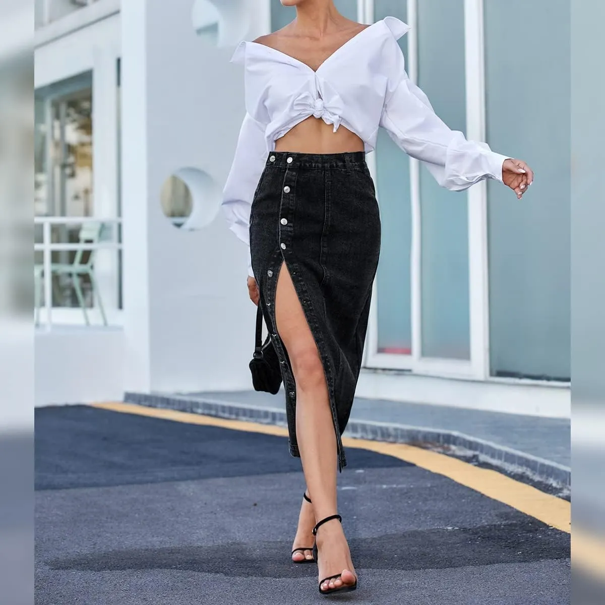 Womens Casual Slit Denim Midi Skirt 2024 Summer High Waisted Button Up Denim Jean Skirts XS-L