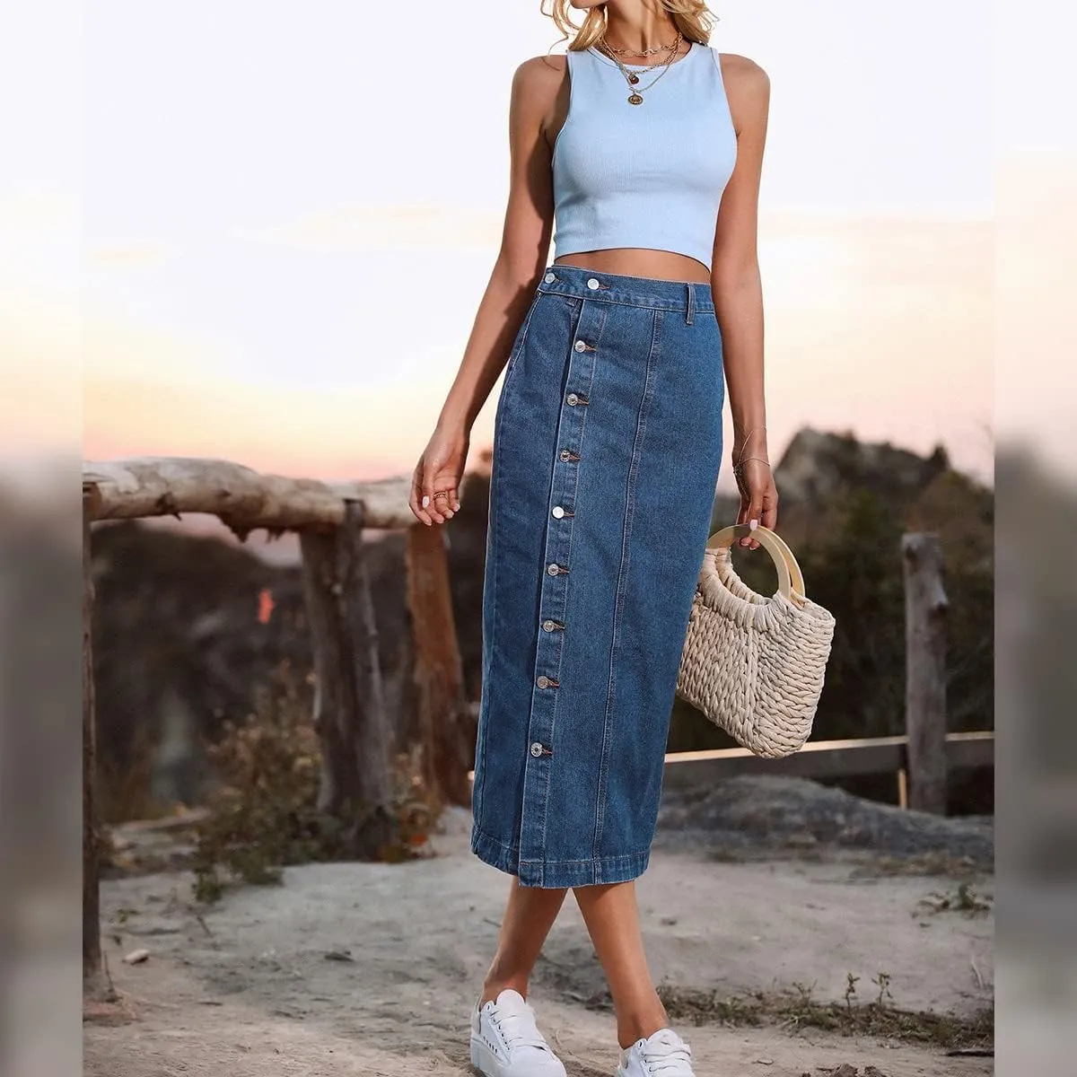 Womens Casual Slit Denim Midi Skirt 2024 Summer High Waisted Button Up Denim Jean Skirts XS-L