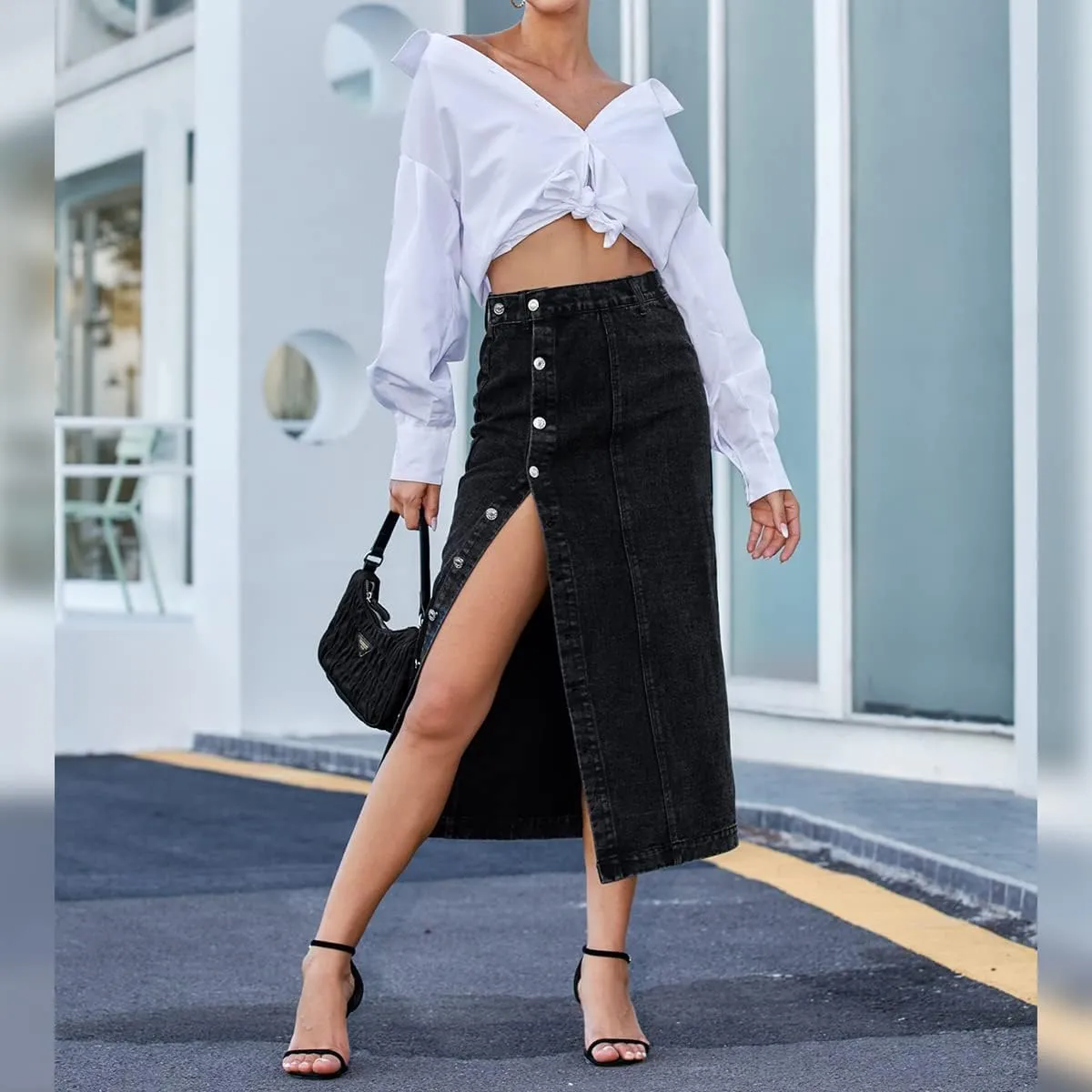 Womens Casual Slit Denim Midi Skirt 2024 Summer High Waisted Button Up Denim Jean Skirts XS-L