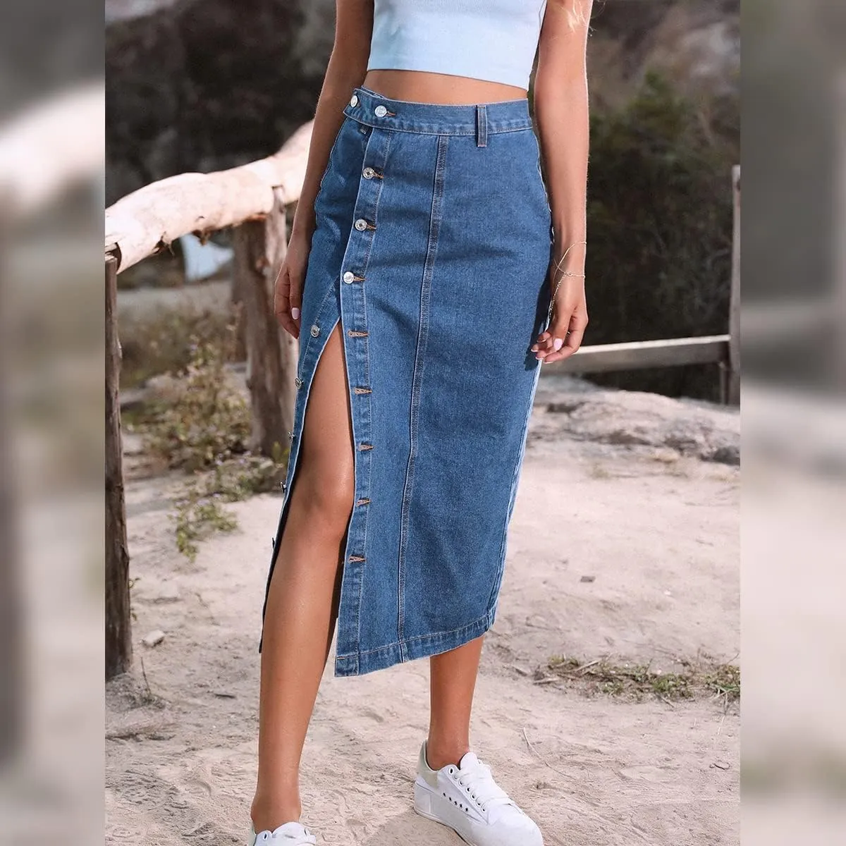 Womens Casual Slit Denim Midi Skirt 2024 Summer High Waisted Button Up Denim Jean Skirts XS-L