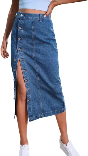 Womens Casual Slit Denim Midi Skirt 2024 Summer High Waisted Button Up Denim Jean Skirts XS-L