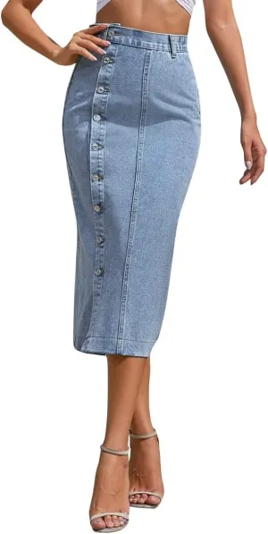 Womens Casual Slit Denim Midi Skirt 2024 Summer High Waisted Button Up Denim Jean Skirts XS-L