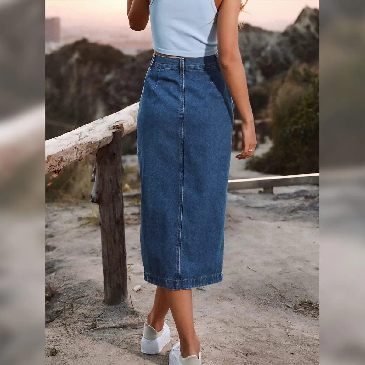 Womens Casual Slit Denim Midi Skirt 2024 Summer High Waisted Button Up Denim Jean Skirts XS-L