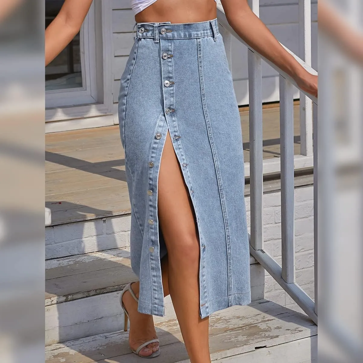 Womens Casual Slit Denim Midi Skirt 2024 Summer High Waisted Button Up Denim Jean Skirts XS-L