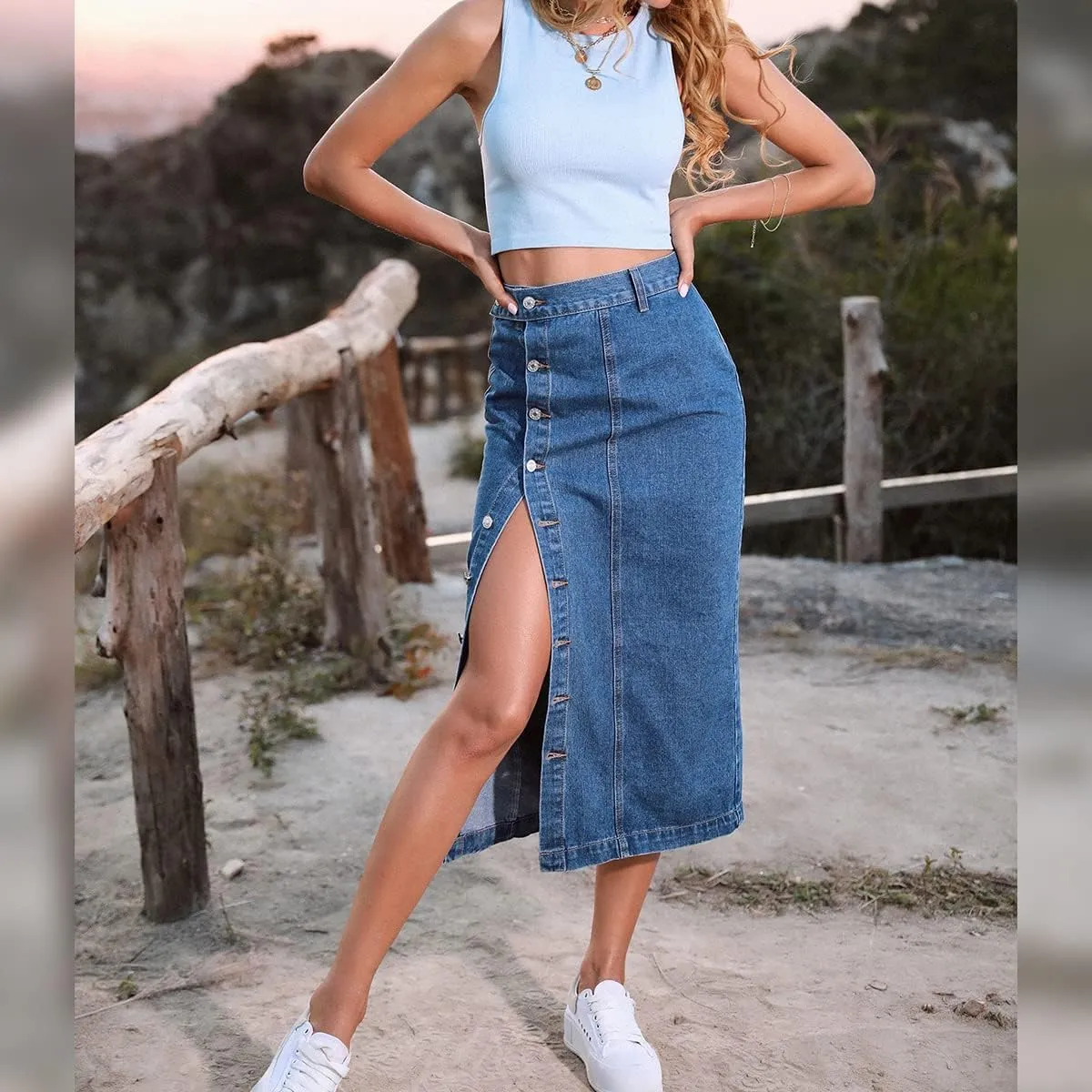 Womens Casual Slit Denim Midi Skirt 2024 Summer High Waisted Button Up Denim Jean Skirts XS-L