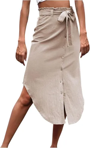 Women's Casual Trendy Solid Color Buttons Down Midi Skirt Asymmetrical Hem Lace Up Stretch High Waisted Skirts