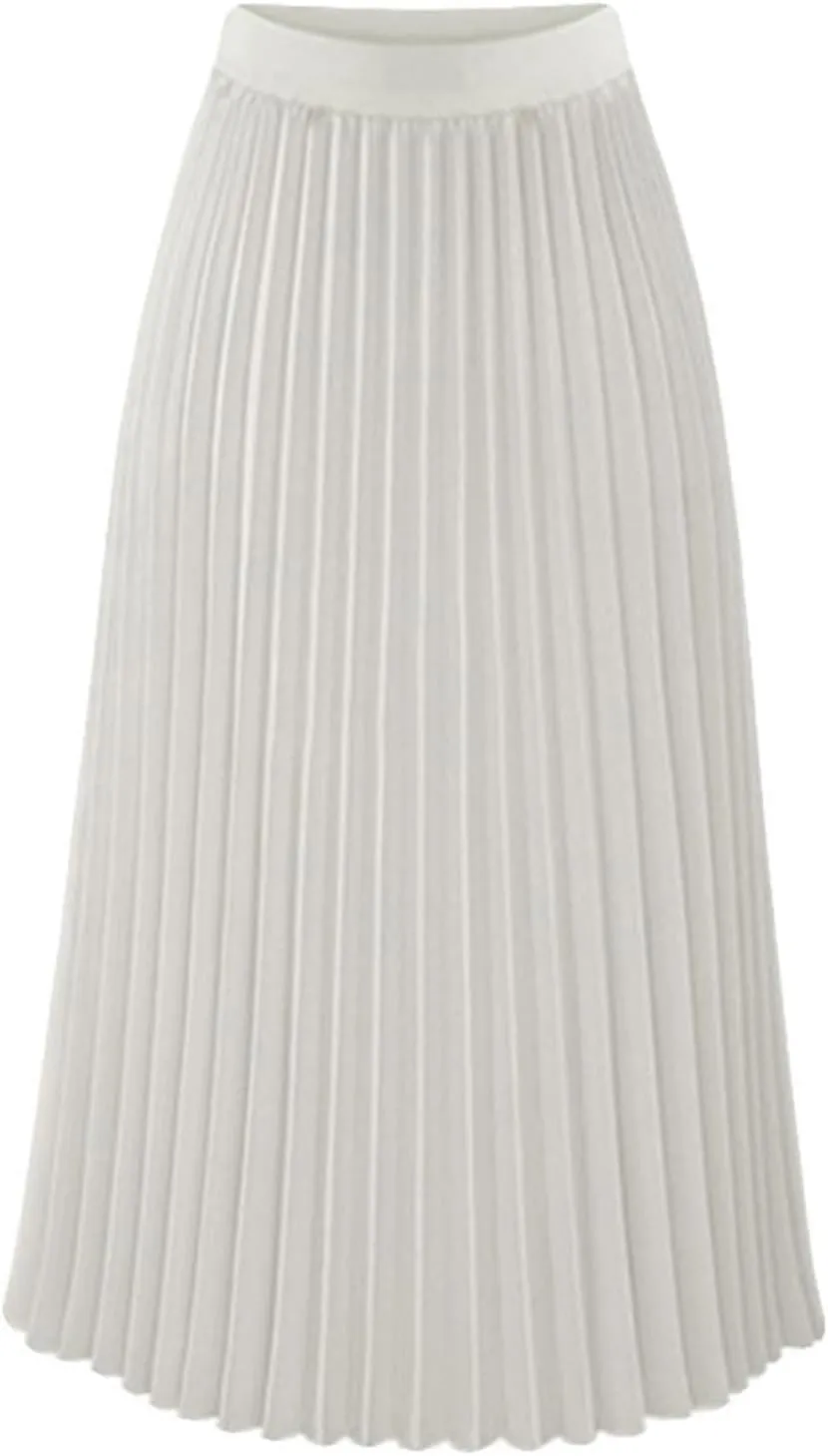 Women's Chiffon Pleated Midi Skirt High Waist Swing Boho Pleated Skirt Casual Solid Color Elastic A-Line Long Skirts