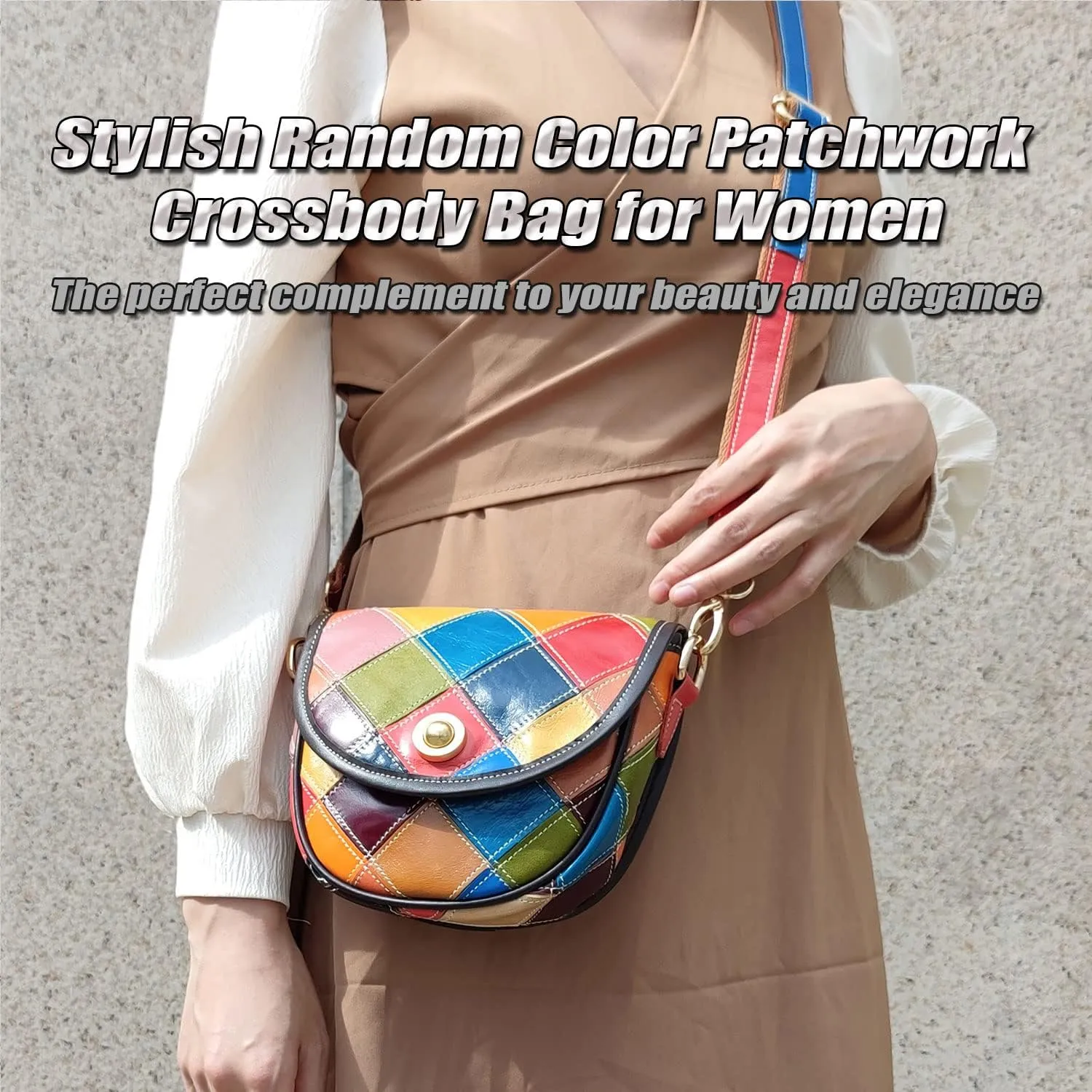 Womens Colorful Patchwork Cowhide Leather Crossbody Bag, Stylish Small Cell Phone Saddle Shoulder Purse, Ladies Stylish Handbag