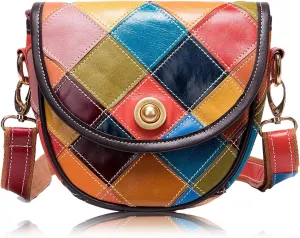 Womens Colorful Patchwork Cowhide Leather Crossbody Bag, Stylish Small Cell Phone Saddle Shoulder Purse, Ladies Stylish Handbag
