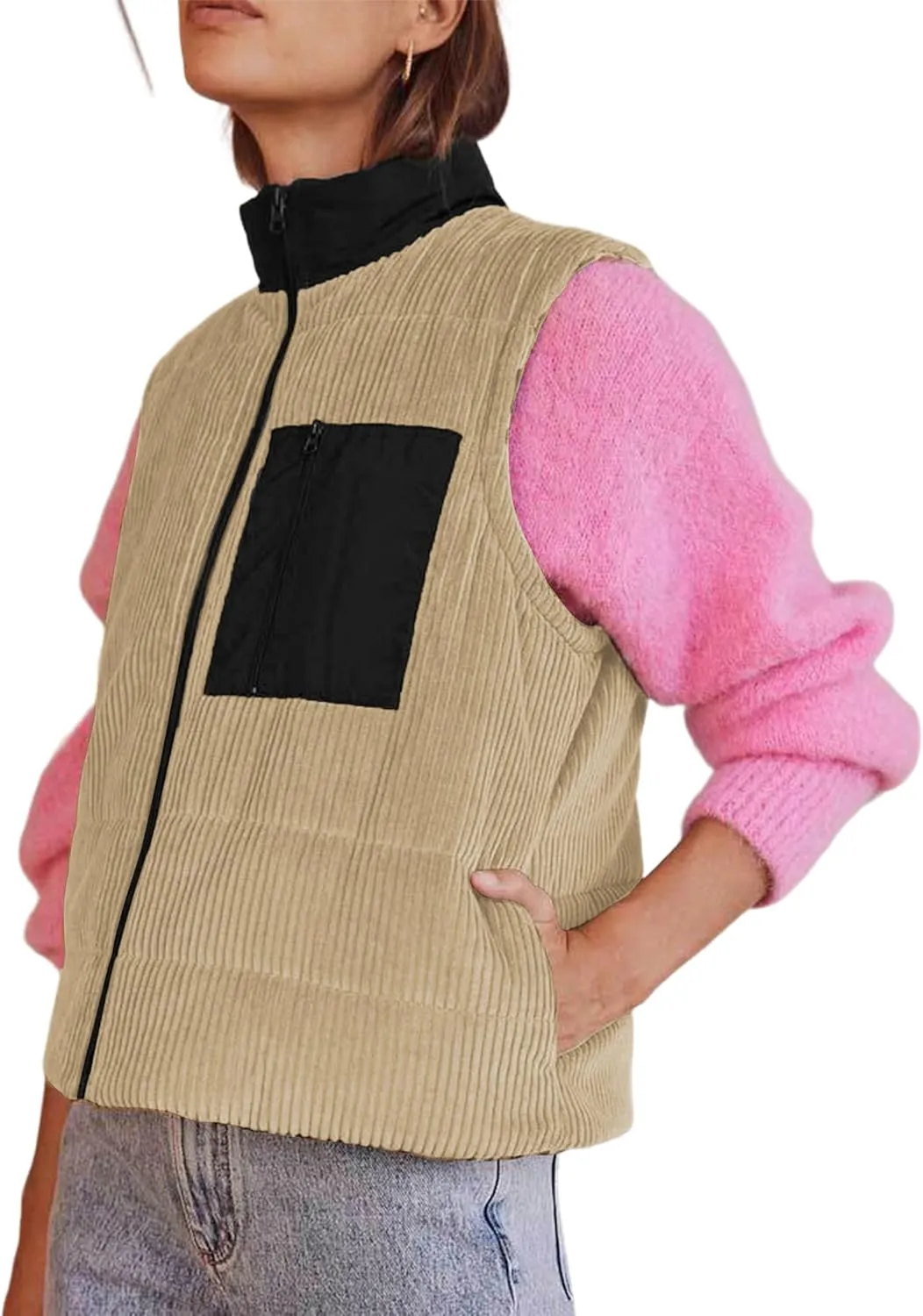 Women's Corduroy Puffer Vest Cropped Stand Collar Zip Up Color Block Vests Warm Gilet Jacket Outerwear with Pocket