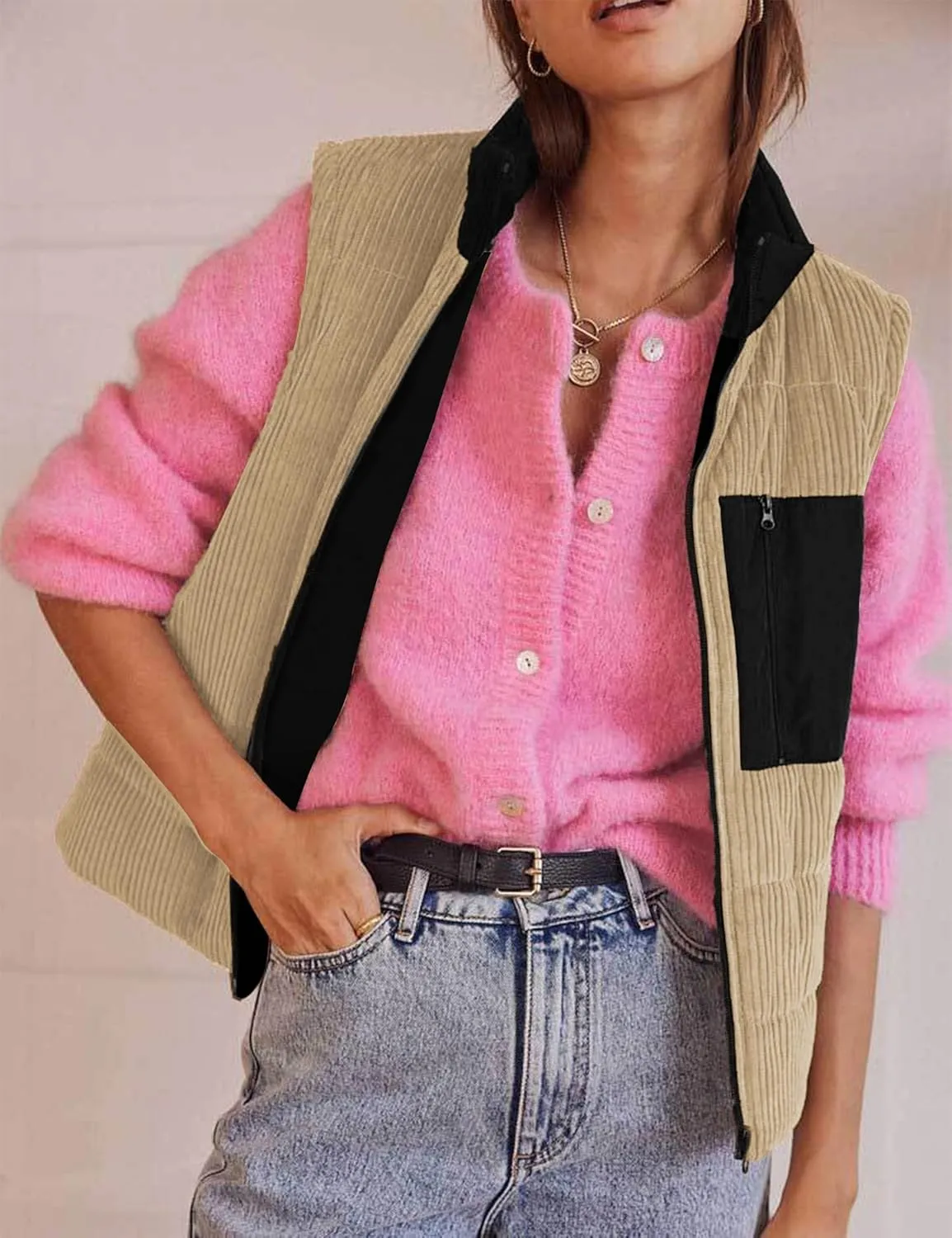 Women's Corduroy Puffer Vest Cropped Stand Collar Zip Up Color Block Vests Warm Gilet Jacket Outerwear with Pocket