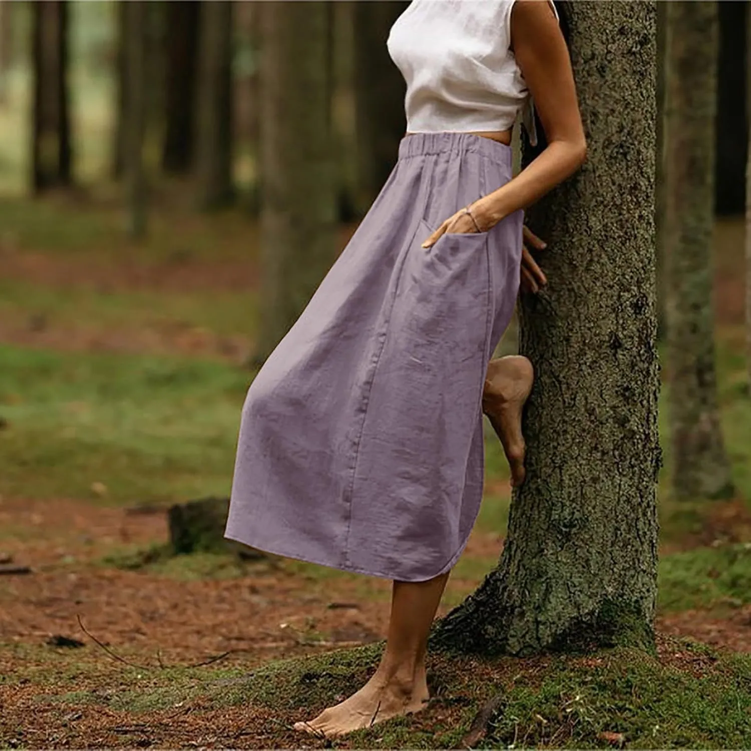 Women's Cotton Linen Casual Midi Skirt High Elastic Waisted Long Skirts Fall Winter Solid Color Skirt with Pockets