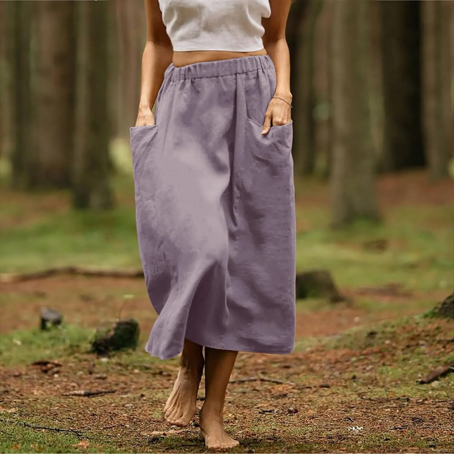 Women's Cotton Linen Casual Midi Skirt High Elastic Waisted Long Skirts Fall Winter Solid Color Skirt with Pockets