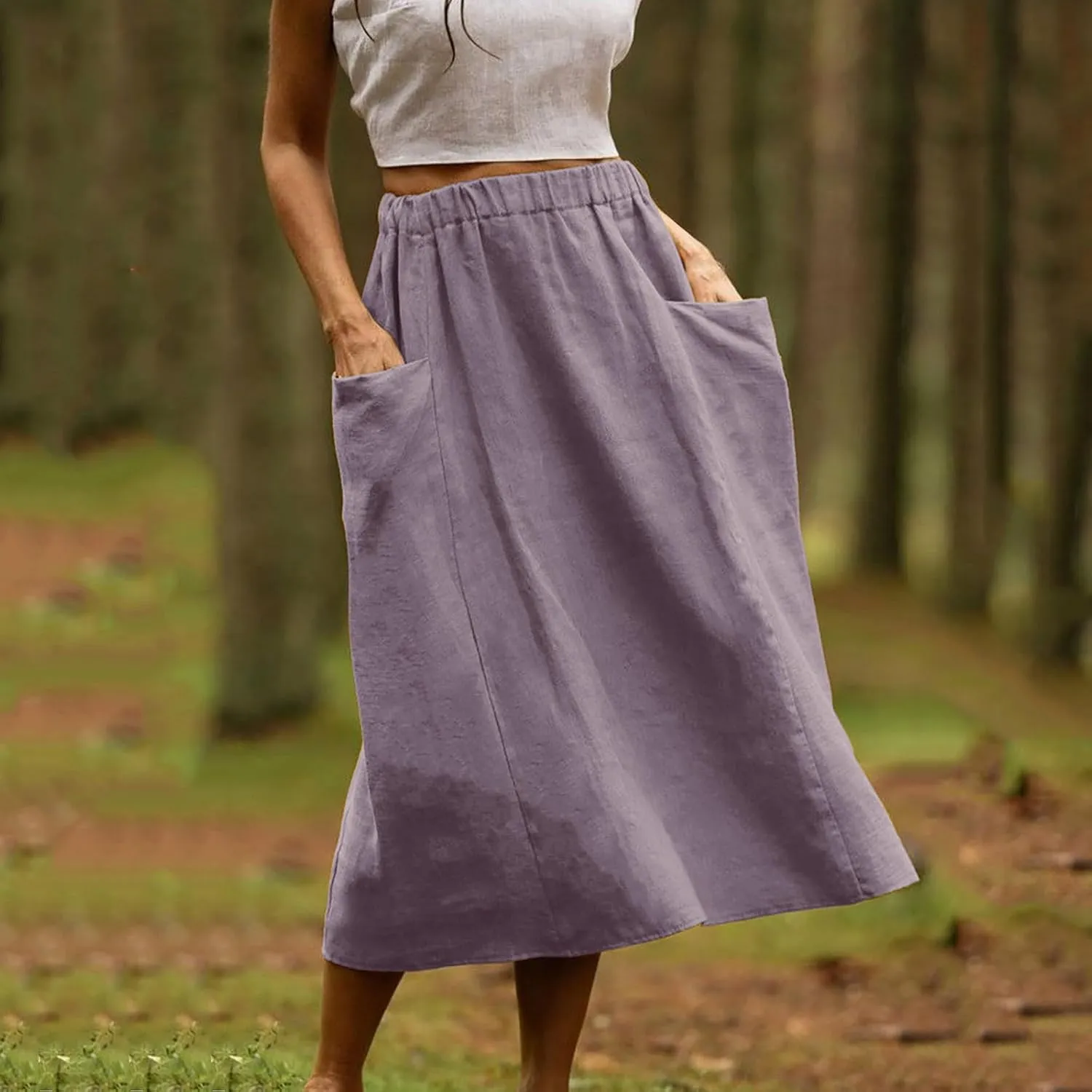 Women's Cotton Linen Casual Midi Skirt High Elastic Waisted Long Skirts Fall Winter Solid Color Skirt with Pockets