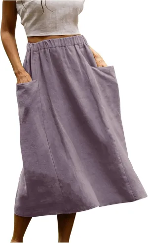 Women's Cotton Linen Casual Midi Skirt High Elastic Waisted Long Skirts Fall Winter Solid Color Skirt with Pockets