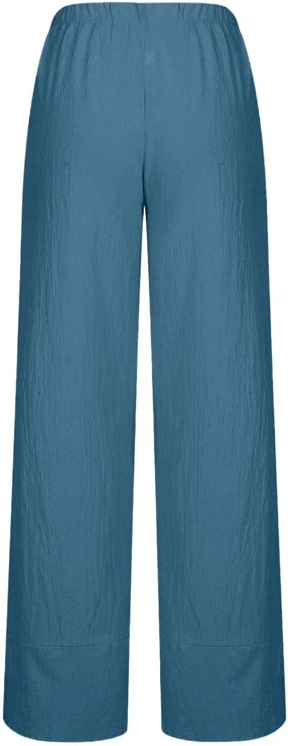 Womens Cotton Linen Cropped Pants Elastic High Waist Casual Trousers Soft Comfy Baggy Loose Fit Slacks with Pockets