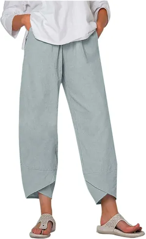 Womens Cotton Linen Cropped Pants Elastic High Waist Casual Trousers Soft Comfy Baggy Loose Fit Slacks with Pockets