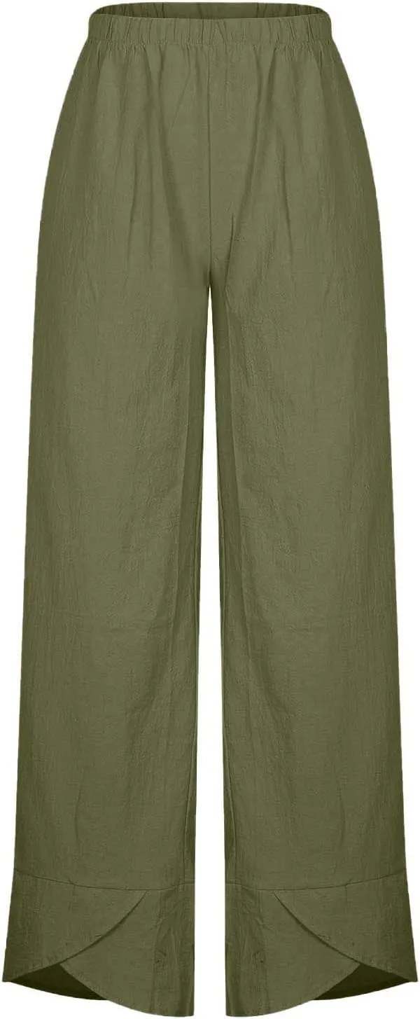 Womens Cotton Linen Cropped Pants Elastic High Waist Casual Trousers Soft Comfy Baggy Loose Fit Slacks with Pockets