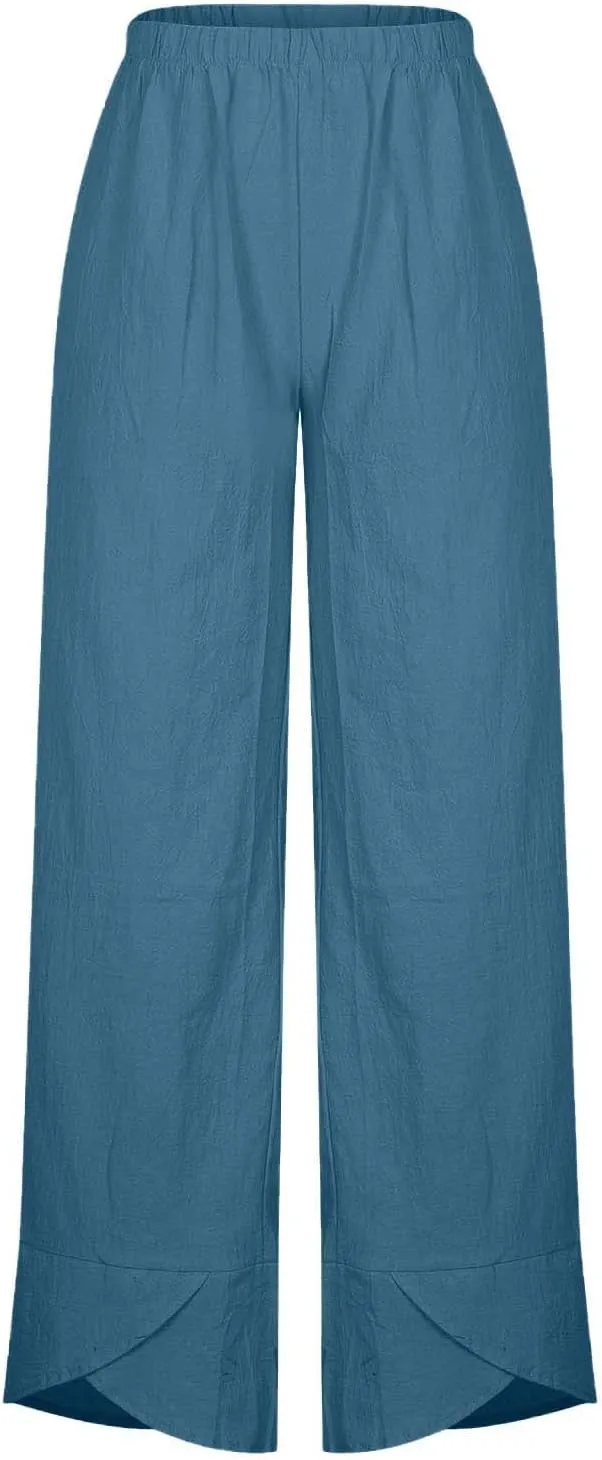 Womens Cotton Linen Cropped Pants Elastic High Waist Casual Trousers Soft Comfy Baggy Loose Fit Slacks with Pockets