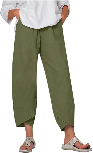 Womens Cotton Linen Cropped Pants Elastic High Waist Casual Trousers Soft Comfy Baggy Loose Fit Slacks with Pockets