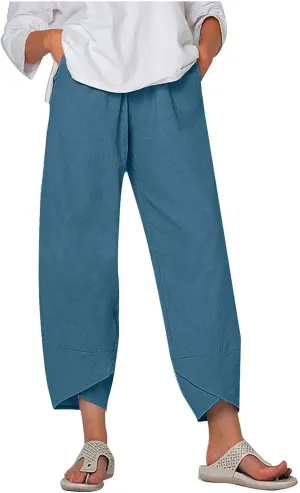 Womens Cotton Linen Cropped Pants Elastic High Waist Casual Trousers Soft Comfy Baggy Loose Fit Slacks with Pockets