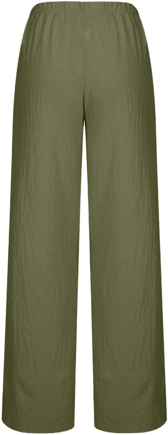 Womens Cotton Linen Cropped Pants Elastic High Waist Casual Trousers Soft Comfy Baggy Loose Fit Slacks with Pockets