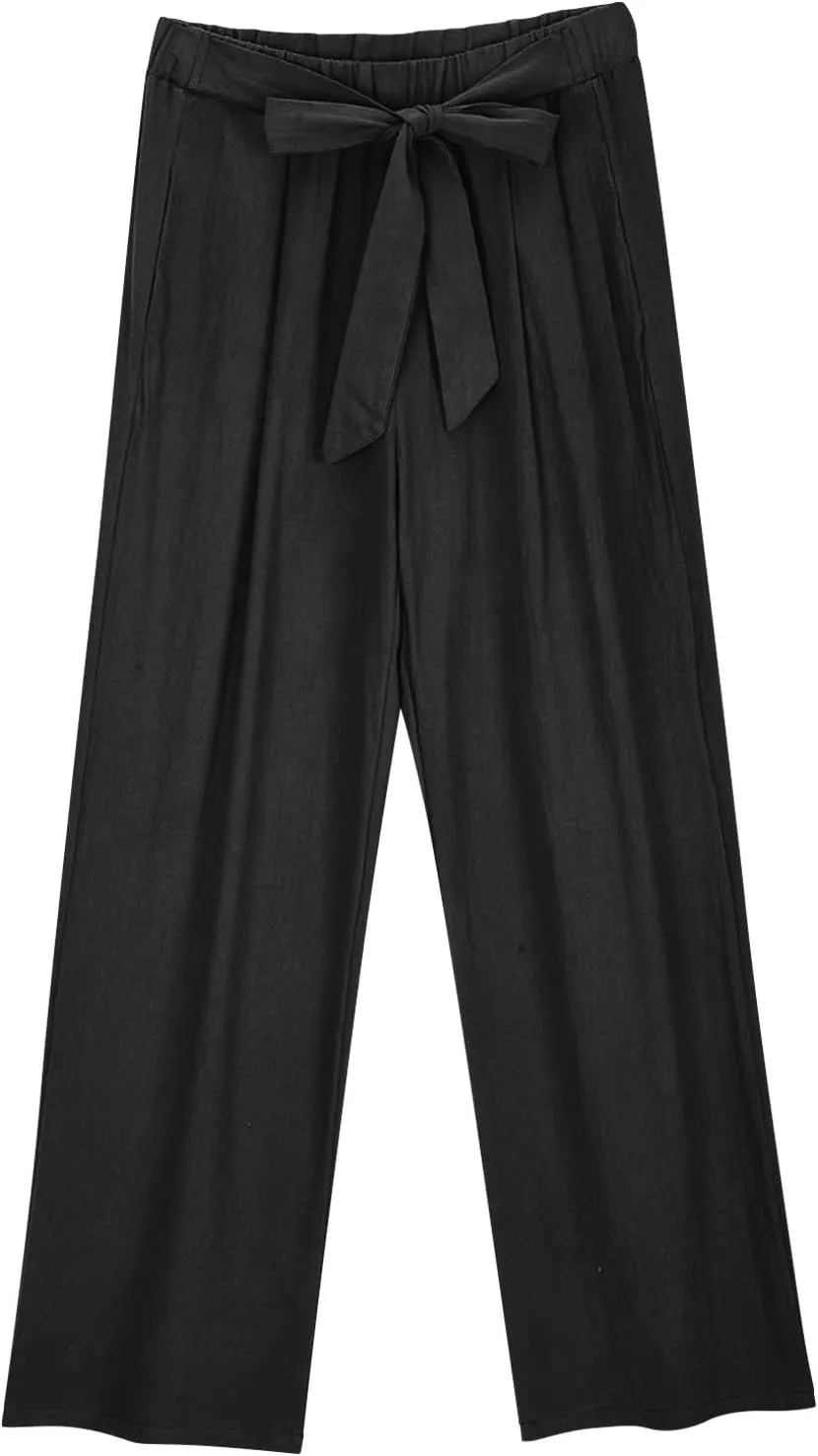 Womens Cotton Linen Pants Soft Lightweight Palazzo Pant High Waist Wide Leg Summer Trousers with Drawstring