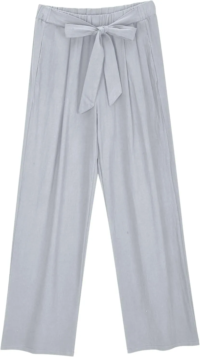 Womens Cotton Linen Pants Soft Lightweight Palazzo Pant High Waist Wide Leg Summer Trousers with Drawstring